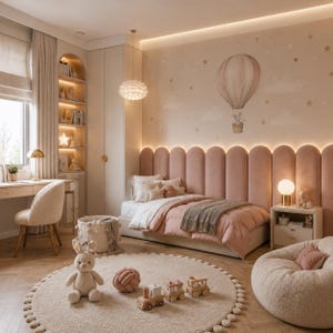 May include: A bedroom featuring a bed with a tall, scalloped, dusty pink upholstered headboard, a white desk with a matching textured chair, a round cream-colored rug with pom-pom trim, a beanbag chair, and a wall mural of a hot air balloon.
