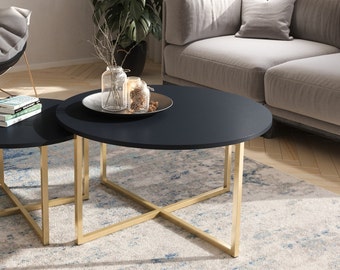 Table basse ronde Pula 80 avec pieds en métal, diamètre 80 cm, table basse industrielle