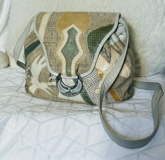 Rare fabric patchwork with leather lizard snake e… - image 2