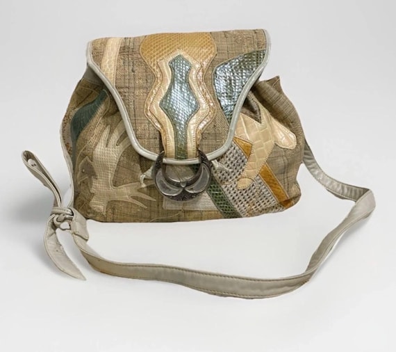 Rare fabric patchwork with leather lizard snake e… - image 1