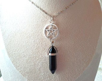 Black Onyx and Pentagram Protection Pendant Necklace