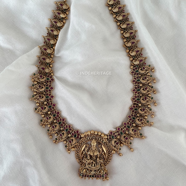 Meenakshi Necklace | Traditional South Indian Necklace | South Indian Temple Jewellery  | Kemp Green Pearl Necklace | Gold Antique Jeweller