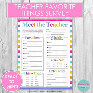 Back to School Teacher Favorite Things Survey | Meet the Teacher Questionnaire | All About My Teacher Printable | Instant Download