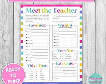 Back to School Teacher Favorite Things Survey | Meet the Teacher Questionnaire | All About My Teacher Printable | Instant Download