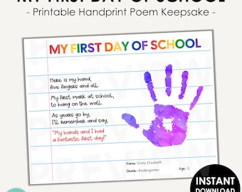 First Day of School Handprint Craft | Back to School Printable Sign | Handprint Art | School Keepsake Printable | DIY 1st Day Preschool Poem