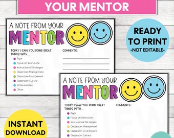 Teacher Mentor Mail Printable | A Note From Your Teacher Mentor | Teacher Mentor Notecards | Printable Student Teacher Observation Feedback