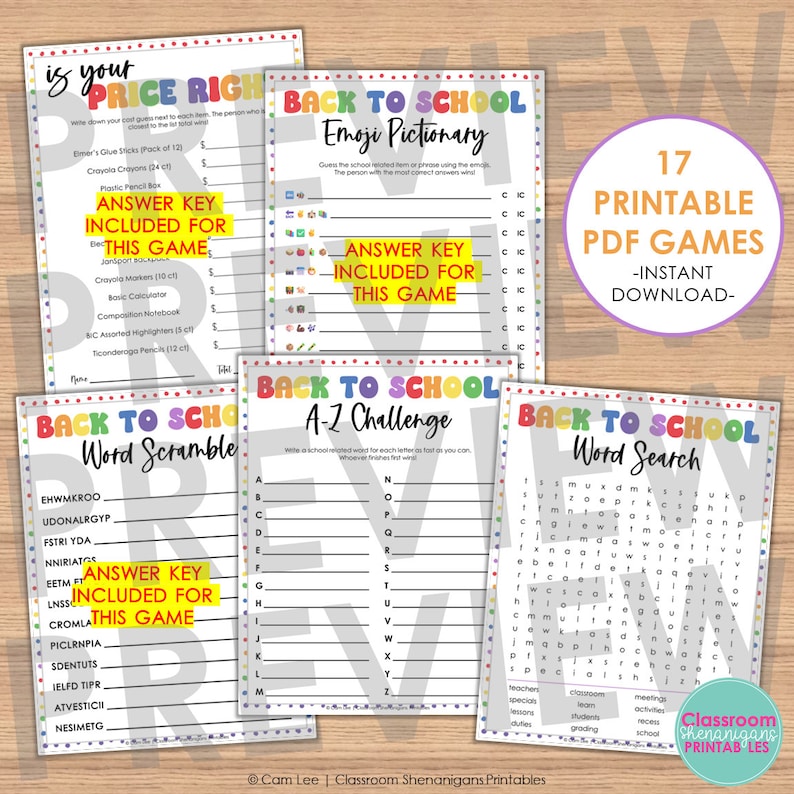 May include: A set of 17 printable PDF games for back to school. The games include word scramble, word search, emoji pictionary, and A-Z challenge. The games are colorful and feature a rainbow theme.