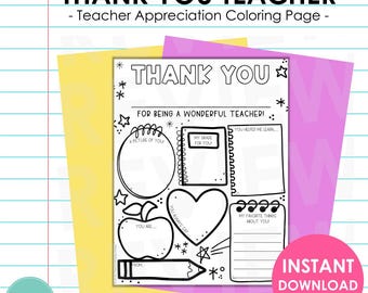 Thank You Teacher Coloring Page | Printable Teacher Gift from Student | Teacher Appreciation | All About My Teacher Gift | Instant Download