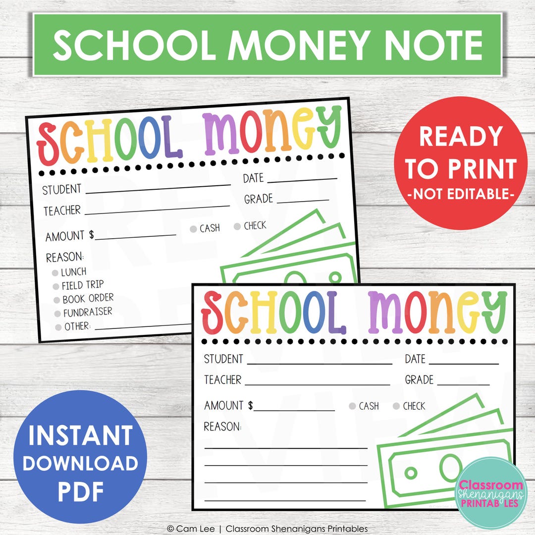 Teaching Money Notes School Money Note Printable | Money Note for School Card Printable ...