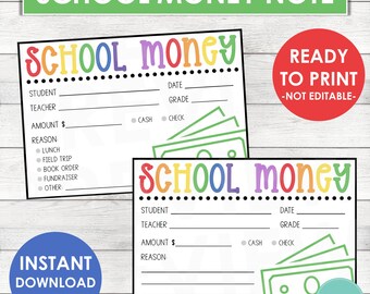 School Money Note Printable | Money Note for School Card Printable | Parent Mail | Parent Note to Teacher |  Send Money to School Printable
