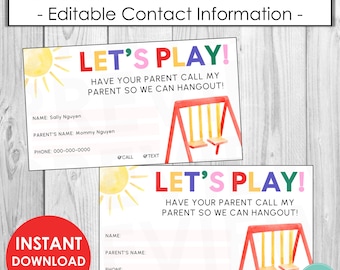 Editable Playdate Contact Cards Template | Kids Contact Card | Summer Playdate Card | Keep in Touch Contact Card | Play Date Invitation Kids