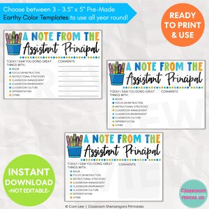 May include: Earthy color templates for assistant principals, sized 3.5 x 5 inches. The templates include the text "A Note From The Assistant Principal" and prompts for comments. The design includes a pencil holder graphic and the words "Ready to Print & Use".