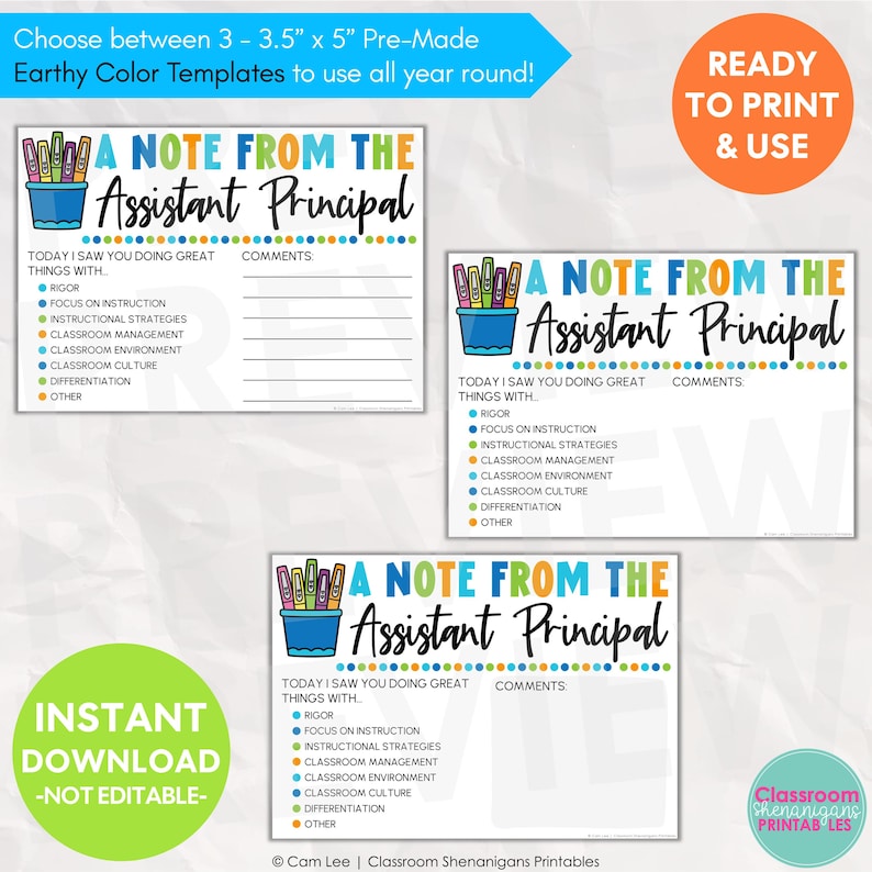 May include: Earthy color templates for assistant principals, sized 3.5 x 5 inches. The templates include the text "A Note From The Assistant Principal" and prompts for comments. The design includes a pencil holder graphic and the words "Ready to Print & Use".