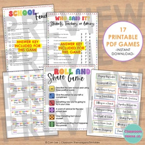 May include: A set of 17 printable PDF games for teachers. The games are designed to help students learn and have fun. The games include "Who Said It?", "Roll and Share Game", and "Student Enrollment Guess How Many".