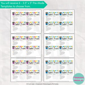 May include: A collection of six pre-made templates, each measuring 3.5 x 5 inches, designed for notes from an assistant principal. The templates feature a colorful pencil graphic and the text "A Note From The Assistant Principal."