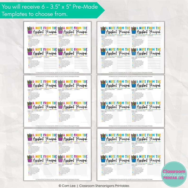 May include: A collection of six pre-made templates, each measuring 3.5 x 5 inches, designed for notes from an assistant principal. The templates feature a colorful pencil graphic and the text "A Note From The Assistant Principal."