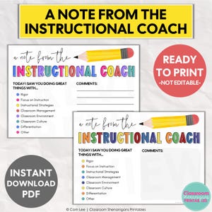 May include: A printable PDF document with the text "A Note From The Instructional Coach." The document includes sections for comments and a checklist of teaching strategies. A red circle reads "Ready to Print - Not Editable."