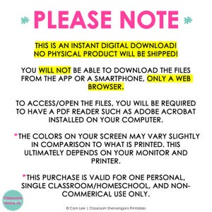May include: A digital download notice with the text "PLEASE NOTE" in pink. The text explains the product is a digital download, not a physical product. It also details how to access the files and usage restrictions.