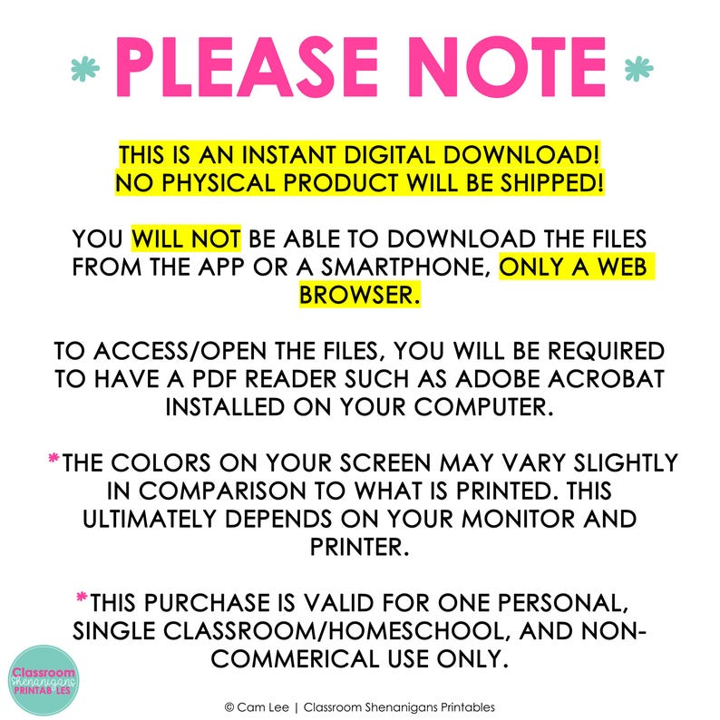 May include: A digital download notice with the text "PLEASE NOTE" in pink. The text explains the product is a digital download, not a physical product. It also details how to access the files and usage restrictions.