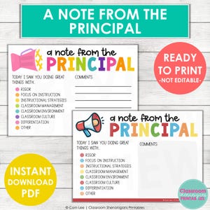 Puede incluir: Tarjetas imprimibles "Una nota del director" con texto colorido y un gráfico de megáfono. Las tarjetas incluyen indicaciones para comentarios y áreas para marcar, como "Rigor" y "Enfoque en la instrucción".