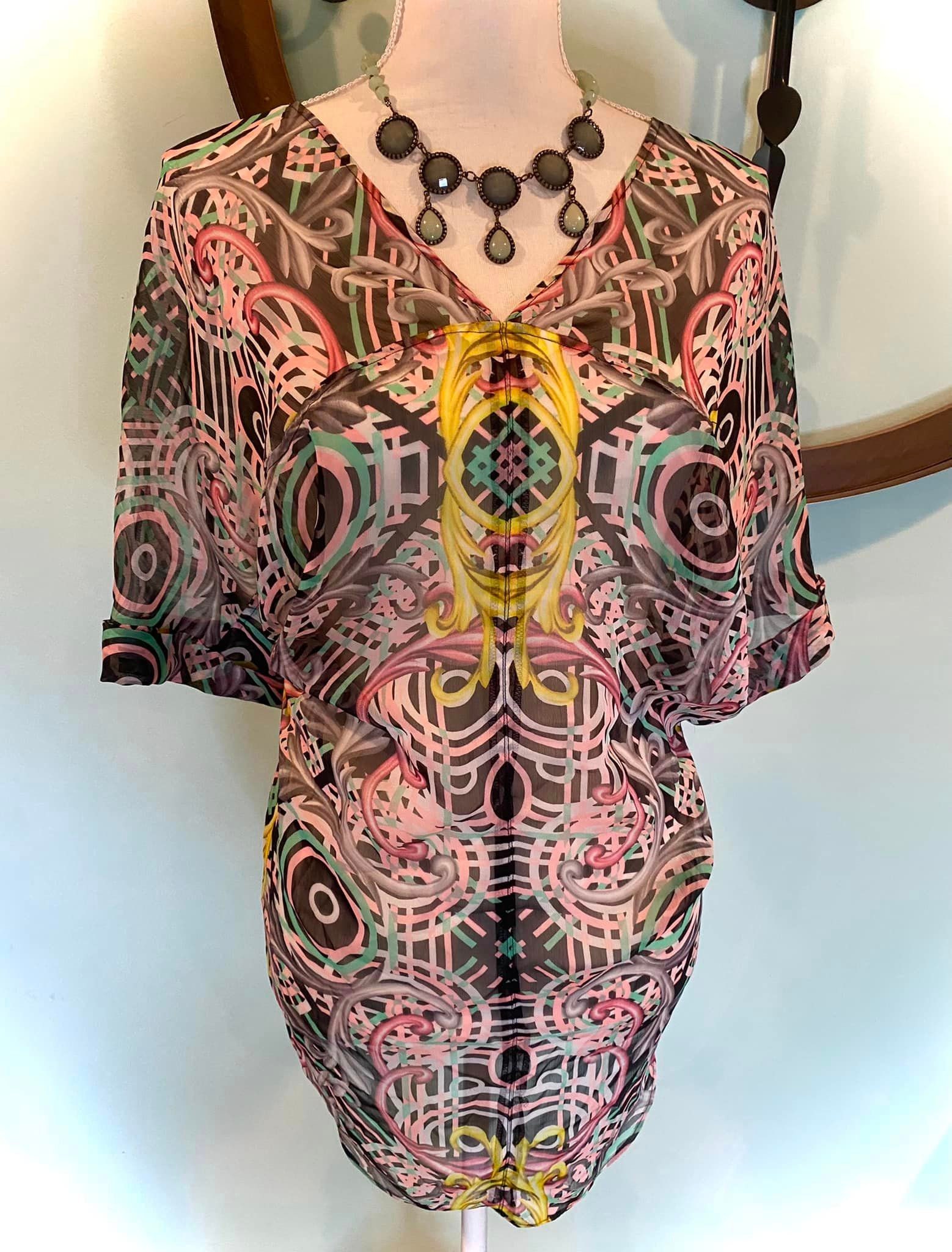 Sheer, Graphic Patterned Top in Black & Pastel Colors Womans