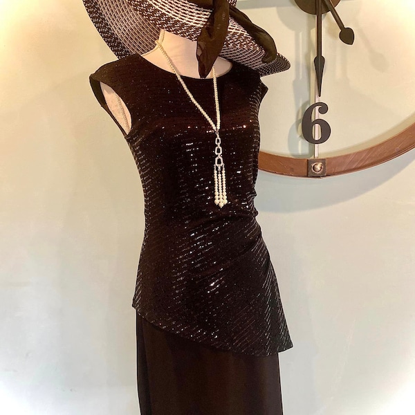 Classic Black Cocktail Dress with Sequins and Shirring