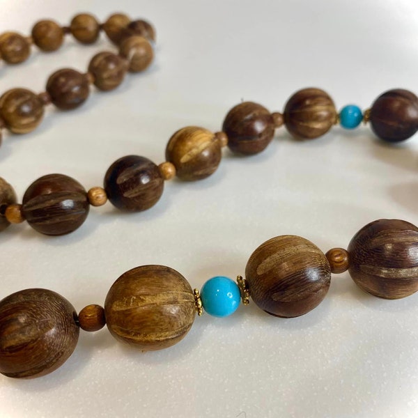 1970s-inspired, Boho-chic Wooden Beaded, Turquoise, & Brassy Gold Linked Necklace