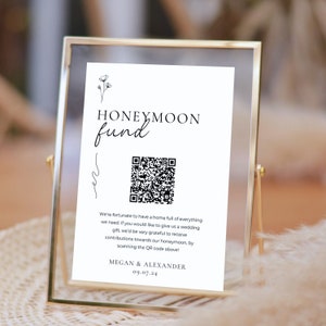 Honeymoon Fund QR Code Sign Template | Custom Honeymoon (Honeyfund) Fund Sign | Modern Wedding | Cash Gift Sign | Wedding Cash Gift | GRACE
