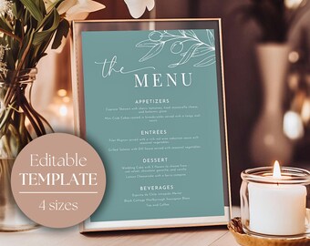 Wedding Menu Table Sign | Restaurant Menu Sign | Printable Green Wedding Menu  | Instant Download Template | 5x7 8x10 A5 A4 | OLIVE