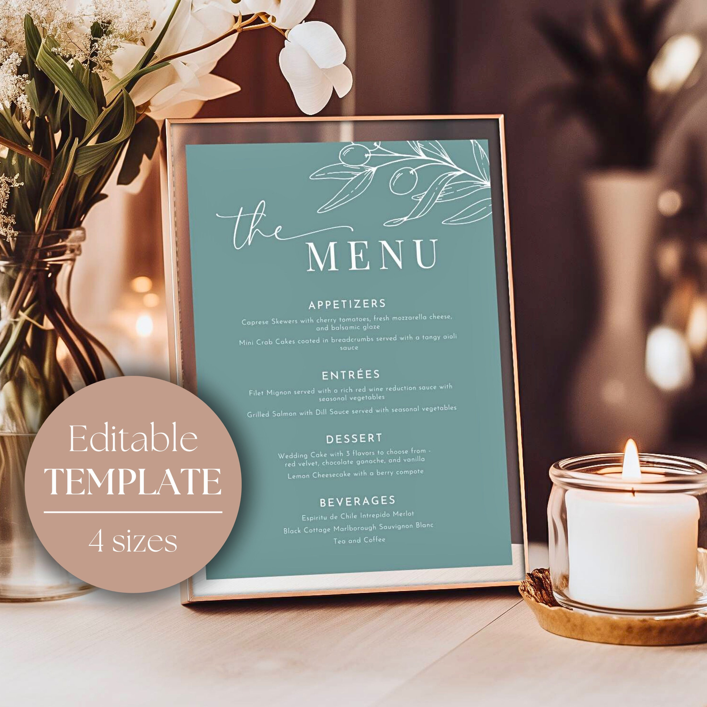Wedding Menu Table Sign | Restaurant Menu Sign | Printable Green ...