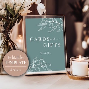 Cartes postales de mariage, cadeaux et meilleurs voeux, modèle modifiable | Panneau pour cartes et cadeaux vert sauge | Cadeaux de mariage | Signalétique de mariage OLIVE