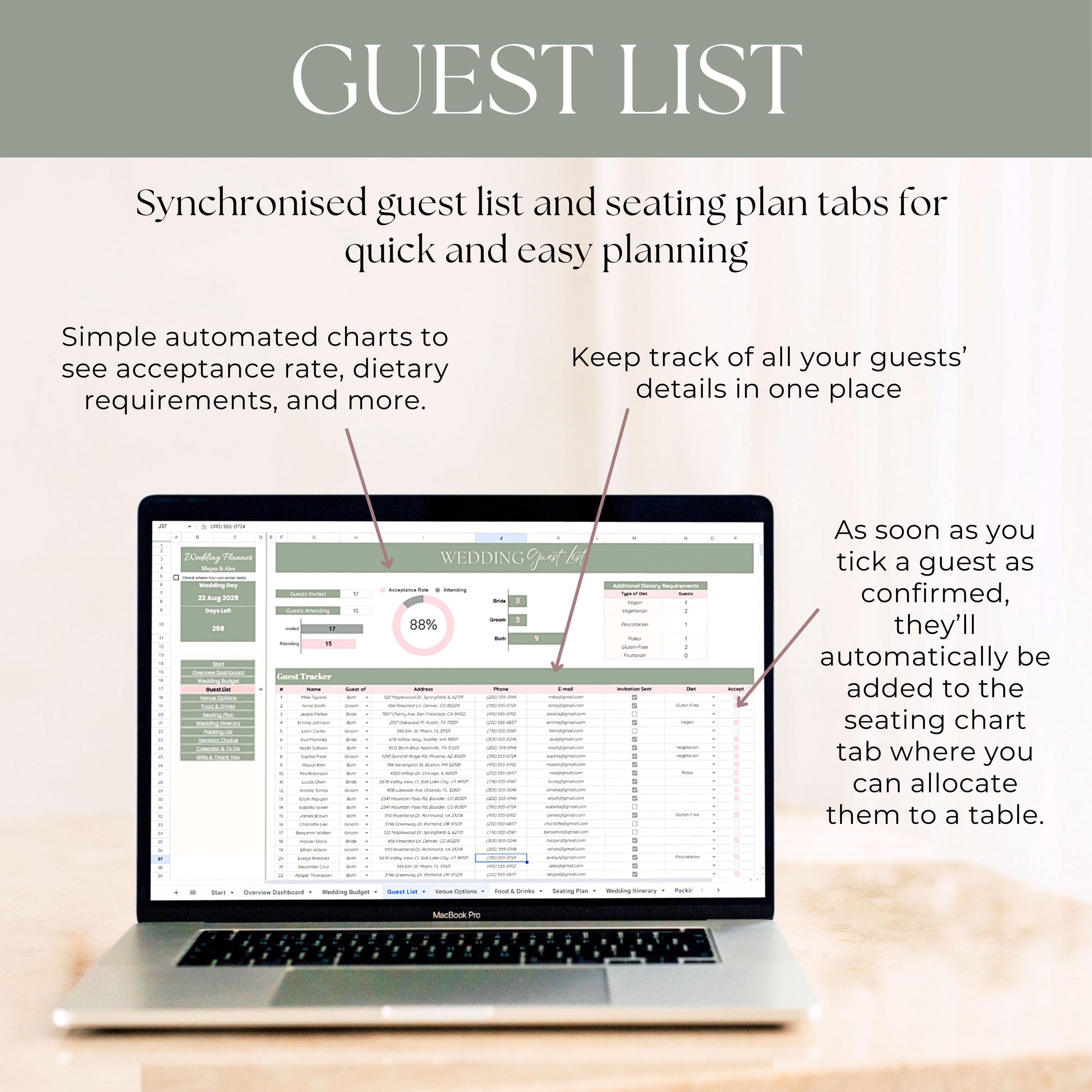 Invitation Spreadsheet Wedding Guest List Tracker Google Sheets & Excel Spreadsheet, RSVP ...