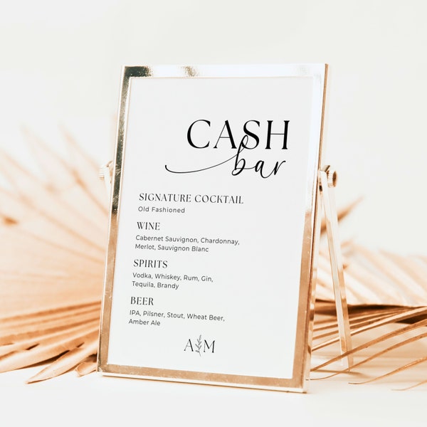 Wedding Cash Bar Sign | Modern Minimalist | Wedding Bar Drink Menu | Custom Bar Menu | Wedding Reception | 5x7 8x10 A5 A4 | Instant Download