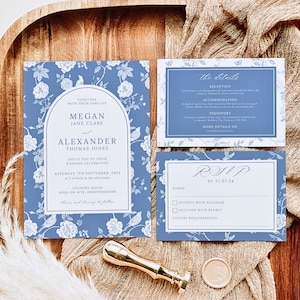 Toile Wedding Invite | Elegant Wedding Invitation Set | Blue Floral Porcelain Invitation Template | French Toile Wedding Printable PEONY