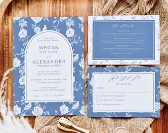 Invitación de boda Toile / Conjunto de invitación de boda elegante / Plantilla de invitación de porcelana floral azul / PEONY imprimible de boda francesa Toile