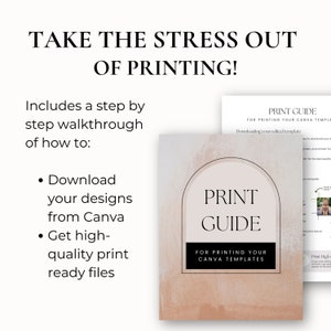 K&ouml;nnte beinhalten: Ein Leitfaden zum Drucken von Canva-Vorlagen. Der Leitfaden hat einen pfirsichfarbenen Hintergrund mit einem schwarzen Bogen und dem Text "PRINT GUIDE" in einem schwarzen Kasten. Der Text "FOR PRINTING YOUR CANVA TEMPLATES" befindet sich unterhalb des Kastens. Der Leitfaden enth&auml;lt Anweisungen zum Herunterladen und Drucken Ihrer bearbeiteten Vorlagen.