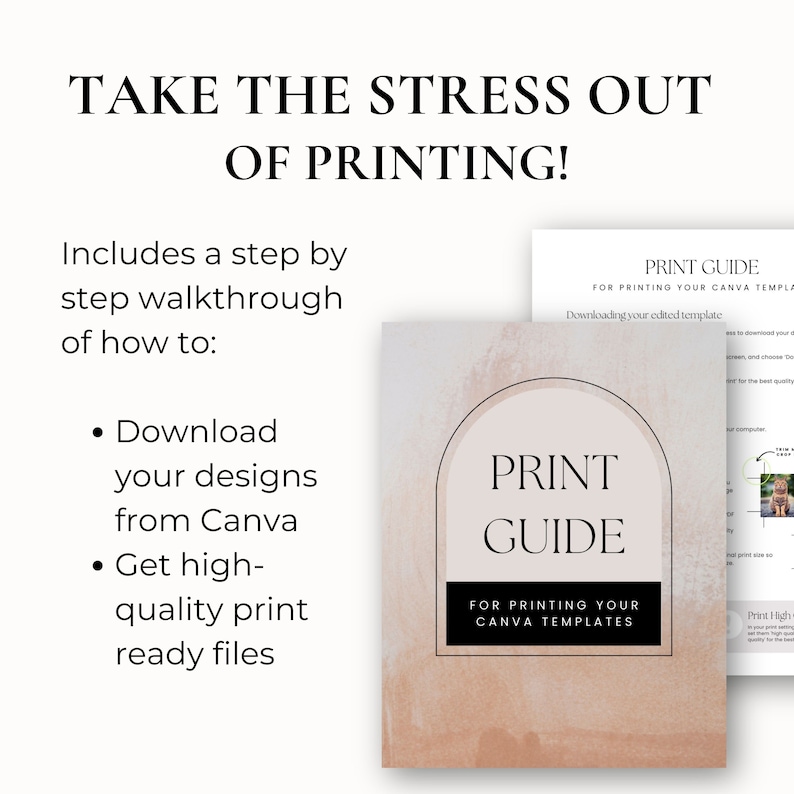 K&ouml;nnte beinhalten: Ein Leitfaden zum Drucken von Canva-Vorlagen. Der Leitfaden hat einen pfirsichfarbenen Hintergrund mit einem schwarzen Bogen und dem Text "PRINT GUIDE" in einem schwarzen Kasten. Der Text "FOR PRINTING YOUR CANVA TEMPLATES" befindet sich unterhalb des Kastens. Der Leitfaden enth&auml;lt Anweisungen zum Herunterladen und Drucken Ihrer bearbeiteten Vorlagen.