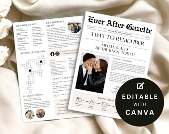 Może przedstawiać: Ogłoszenie ślubne w stylu gazety, z nagłówkiem "Ever After Gazette." Ogłoszenie zawiera zdjęcie pary całującej się, harmonogram ślubu i krzyżówkę.