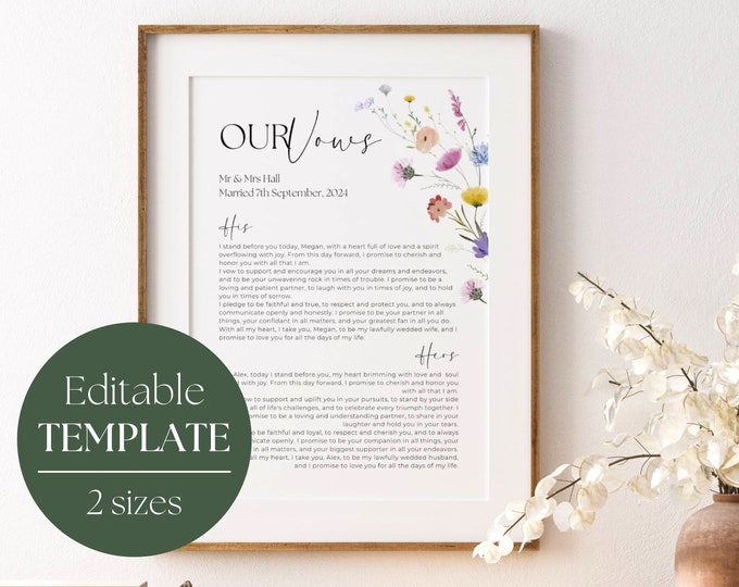 Customized Wedding Vow Print | Anniversary Gift | Wedding Vows | Personalized Marriage Vows Sign | His And Hers Vows | Custom Wedding Gift
