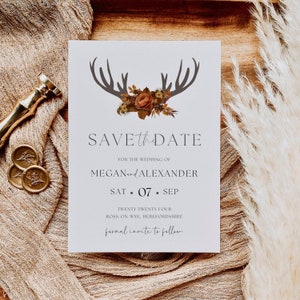Modèle "Retenez cette date" rustique | Réservez cette date en bois de cerf | Imprimables de mariage | Modèle modifiable | Toile, téléchargement immédiat