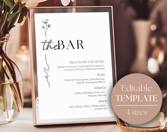 Menu du bar de mariage | Bar ouvert pour mariage | Enseigne de bar personnalisée | Enseigne pour boisson signature | Panneau de menu de boissons | Menu de bar moderne | GRÂCE