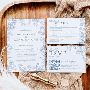 Dusty Blue Toile De Jouy Hochzeitseinladung Vorlage mit Antwortkarte QR Code, Frühling Blumen Chinoiserie Hochzeitsparty, Invite Download DAHLIA