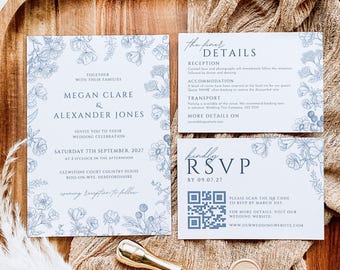 Puede incluir: Un conjunto de invitaciones de boda blancas con ilustraciones florales azules. La tarjeta de invitación presenta los nombres Megan Clare & Alexander Jones, la fecha de la boda y la ubicación. La tarjeta RSVP incluye un código QR y la dirección del sitio web www.ourweddingwebsite.com.