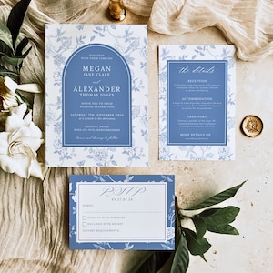 Chinoiserie Wedding Invite | Blue Floral Line Art | Botanical Invitation |  Classic Wedding Invitation Template | Blue Porcelain PEONY