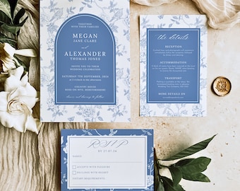 Invitación de boda con diseño de toile / Elegante juego de invitaciones de boda / Plantilla de invitación de porcelana con diseño floral azul / Imprimible de boda con diseño de toile francés PEONÍA