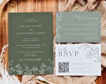 Wedding Invite with QR Code | Botanical Wedding Invitation Set with Qr Code RSVP & Details | Editable Canva Template Instant Download WILLOW