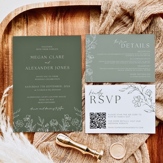 Wedding Invite With QR Code | Botanical Wedding Invitation Set