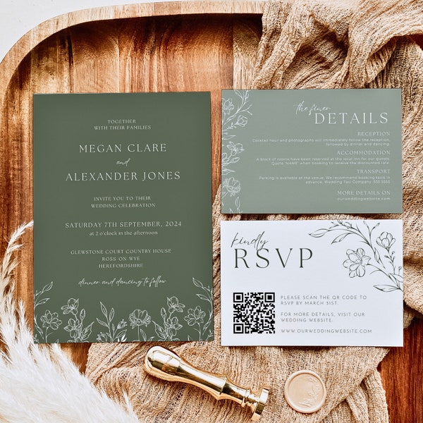 Wedding Invite with QR Code | Botanical Wedding Invitation Set with Qr Code RSVP & Details | Editable Canva Template Instant Download WILLOW