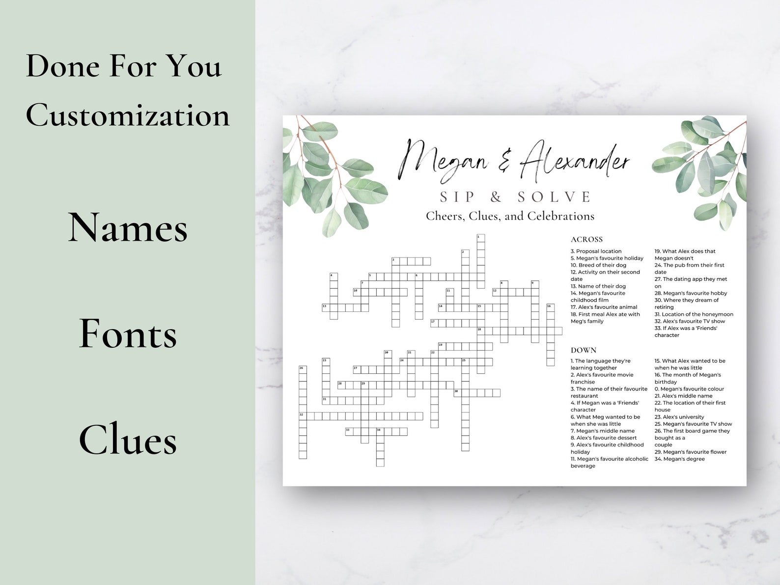Large Wedding Crossword Puzzle With Sage Green Design Sip and Solve