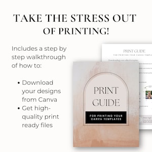 Może przedstawiać: Przewodnik po drukowaniu szablon&oacute;w Canva. Przewodnik ma brzoskwiniowe tło z czarnym łukiem i tekstem "PRINT GUIDE" w czarnym polu. Tekst "FOR PRINTING YOUR CANVA TEMPLATES" znajduje się pod polem. Przewodnik zawiera instrukcje dotyczące pobierania i drukowania edytowanych szablon&oacute;w.